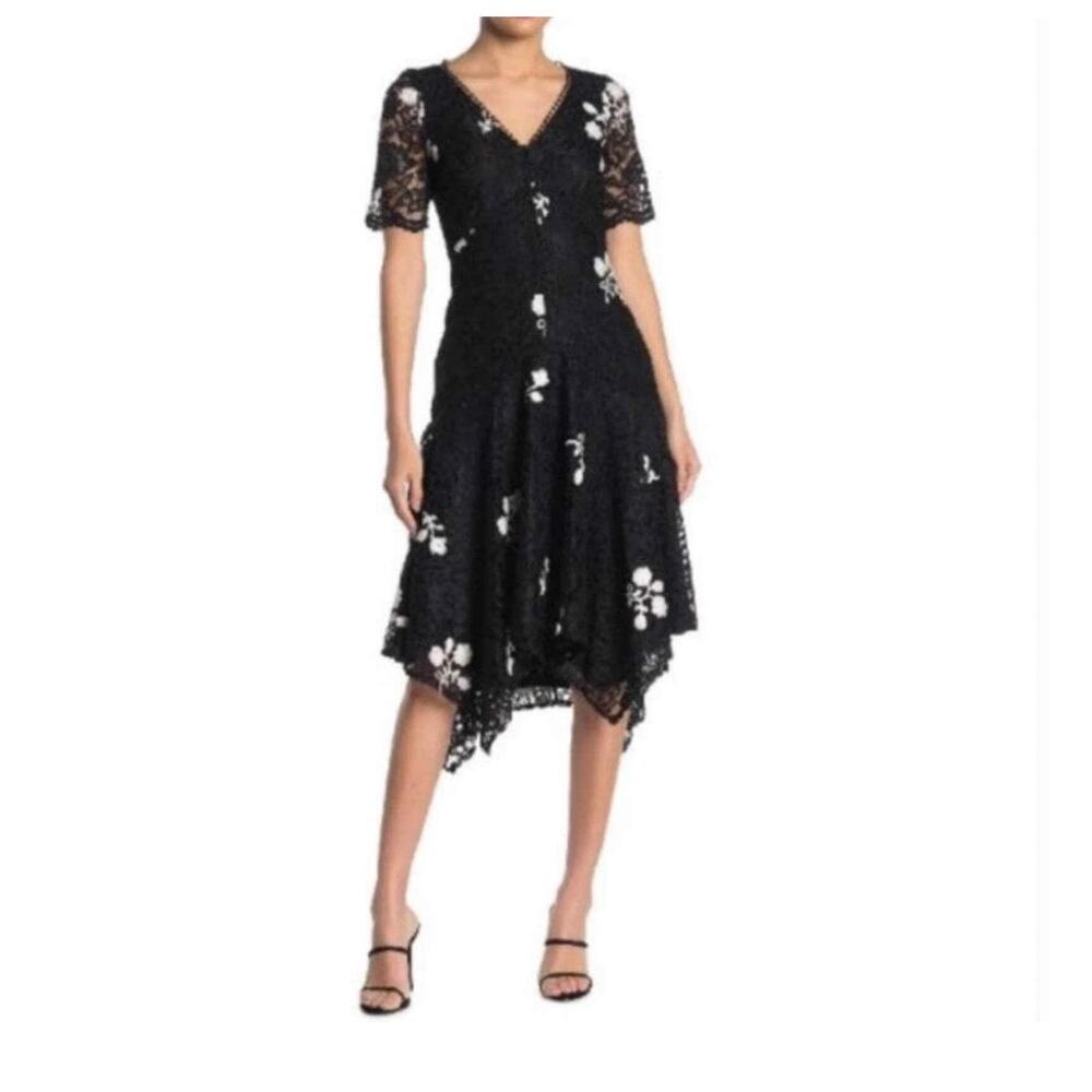 Taylor Embroidered Floral Lace Shift Dress Size 10P Hi Low Black White